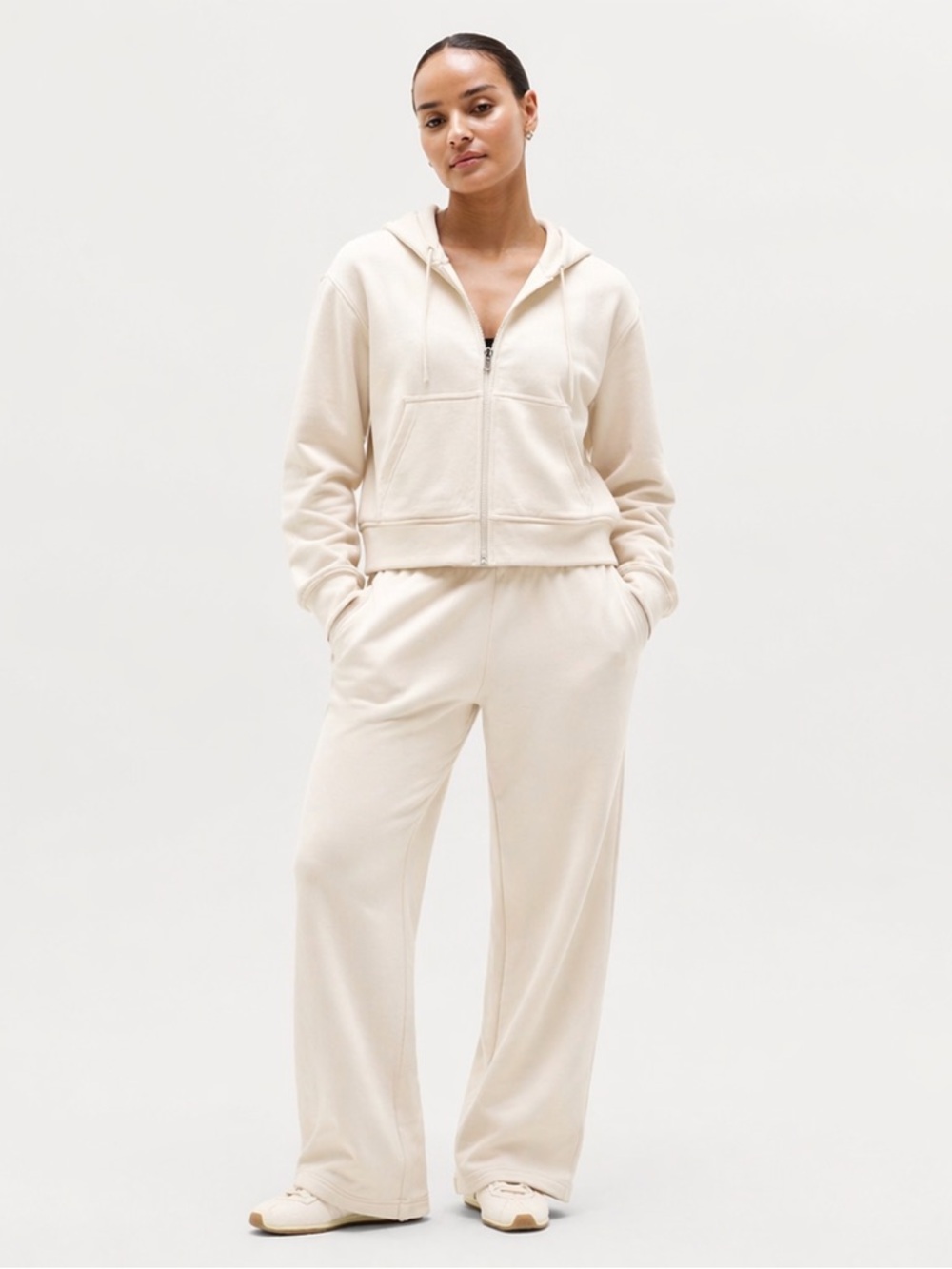 NWT Athleta Forever Fleece Set Bone XS/XXS Hoodie Wide Leg Pants Lounge